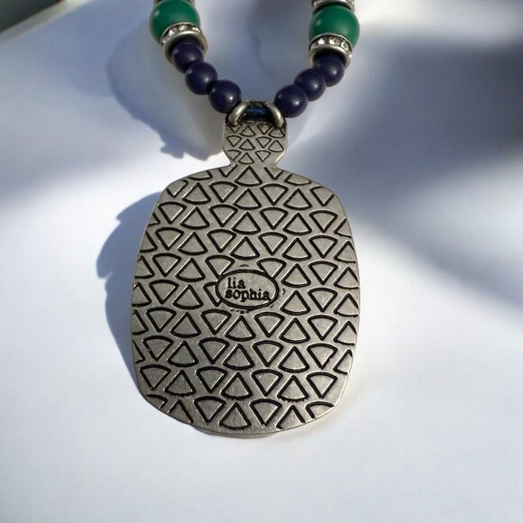 Lia Sophia Retired Art Deco Inspired Necklace Green Crystal Pendant Beaded - Picture 7 of 11